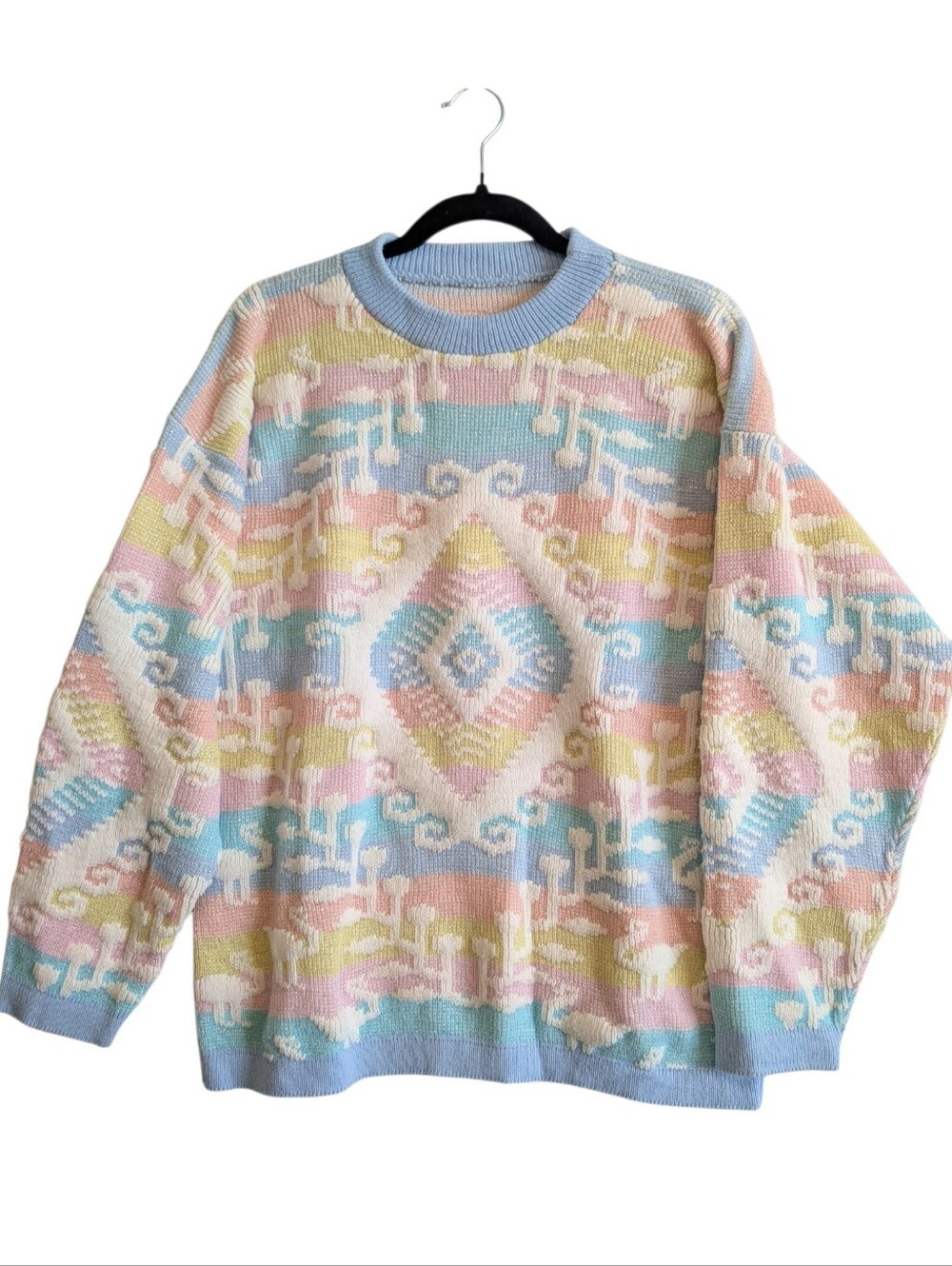 Vtg 80's women's Pastel Sweater Pattern Stripes Animals Diamond Girly Rainbow